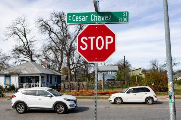 A street sign for Cesar Chavez Street at the intersection with Anthony Street is pictured on Wednesday, March 18, 2026, in Austin, Texas.