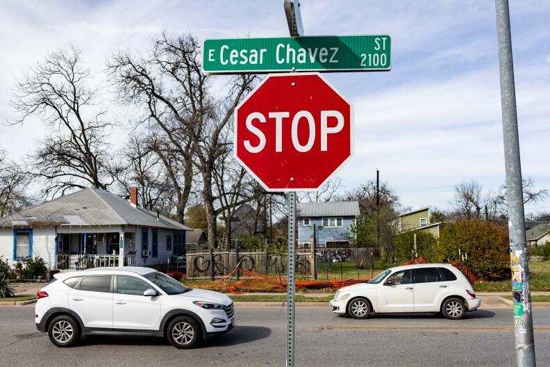 A street sign for Cesar Chavez Street at the intersection with Anthony Street is pictured on Wednesday, March 18, 2026, in Austin, Texas.