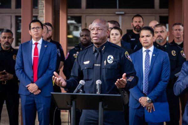 Austin ISD Police Chief Wayne Sneed during a press conference with other school districts about the increase in shooter threats at local schools on Sept. 20, 2024, at the Old Rosedale School in Austin.