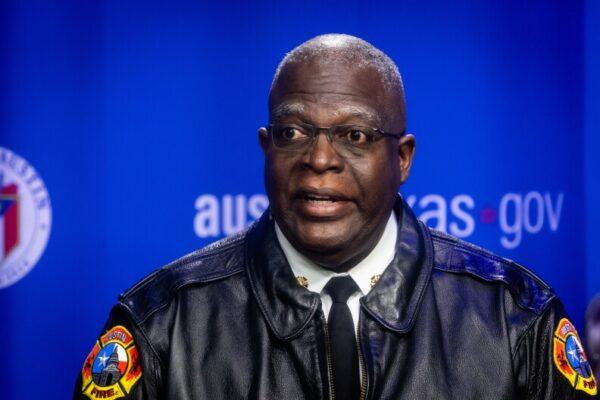 Austin Fire Department Chief Joel G. Baker speaks during a press conference about winter weather preparedness and safety on Jan. 11, 2024, at Austin City Hall.